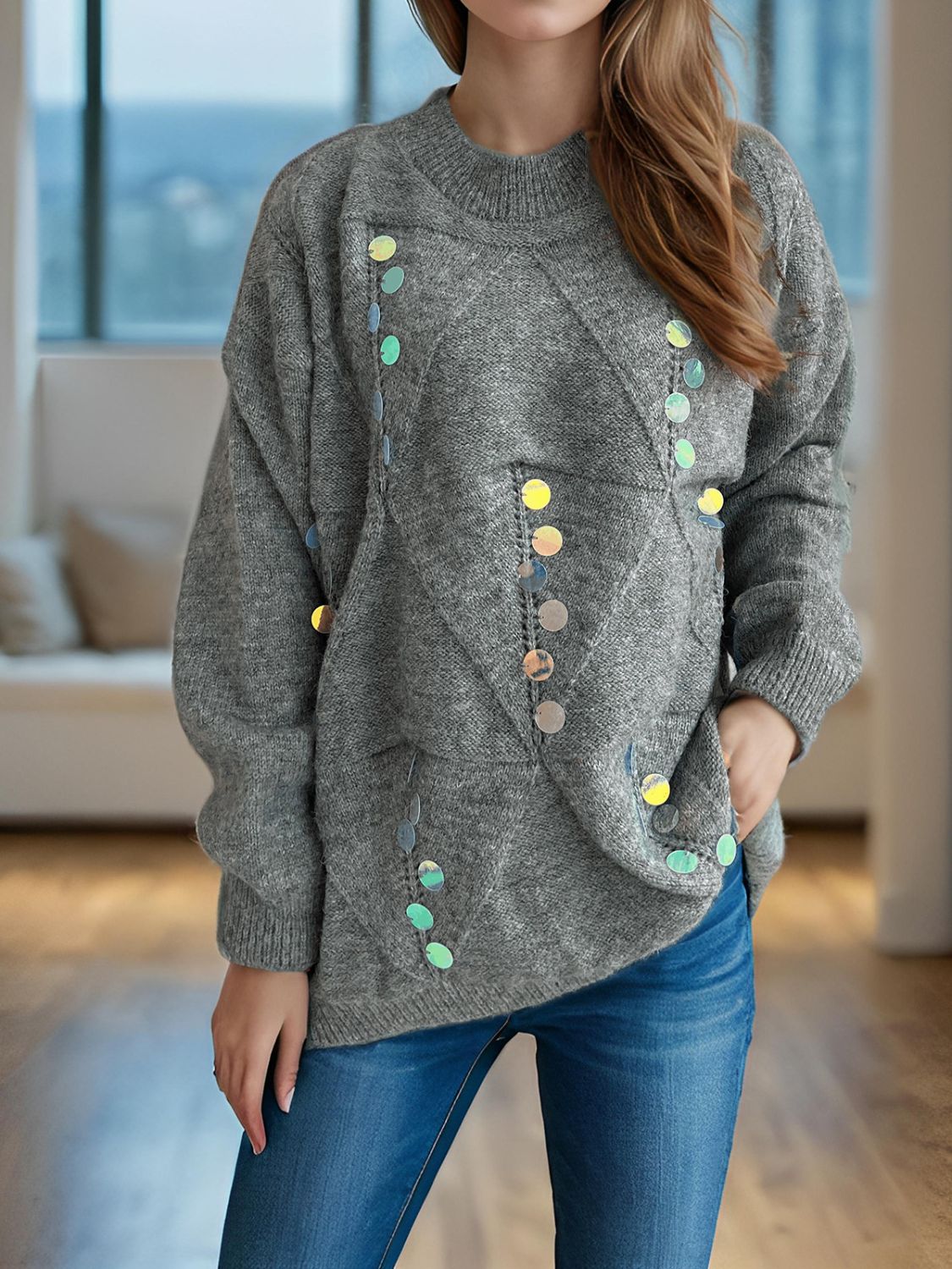 Sequin Mock Neck Long Sleeve Sweater-Angel Casuals