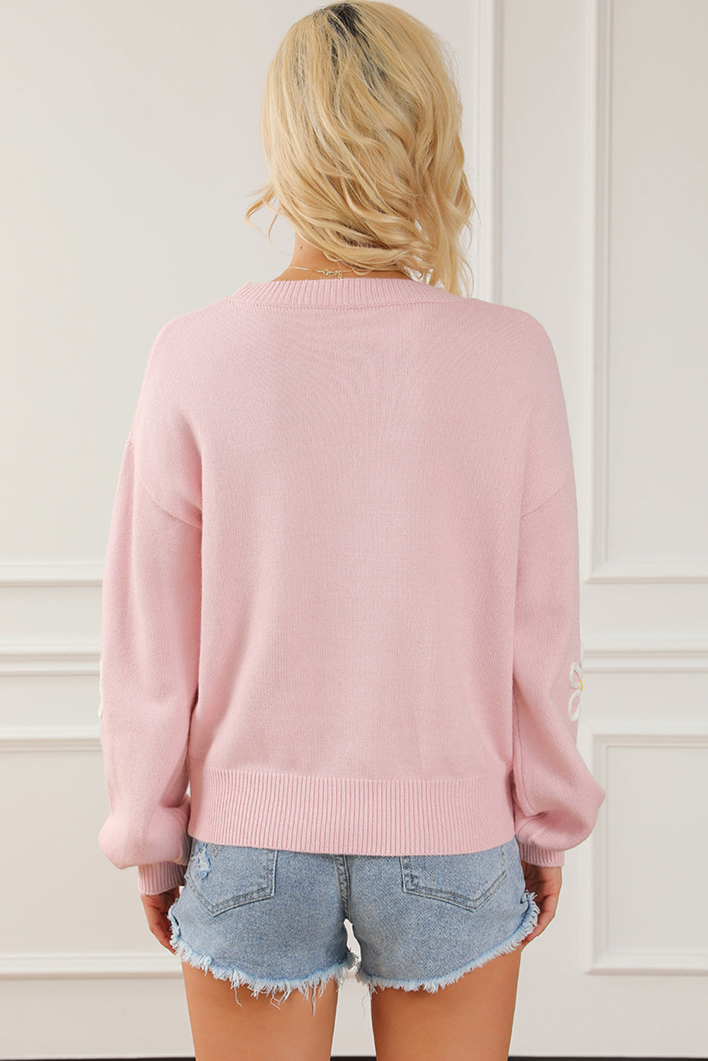 Flower Round Neck Dropped Shoulder Sweater-Angel Casuals