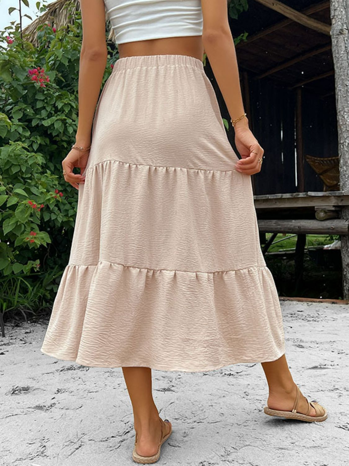 Button Down Tiered Midi Skirt-Angel Casuals