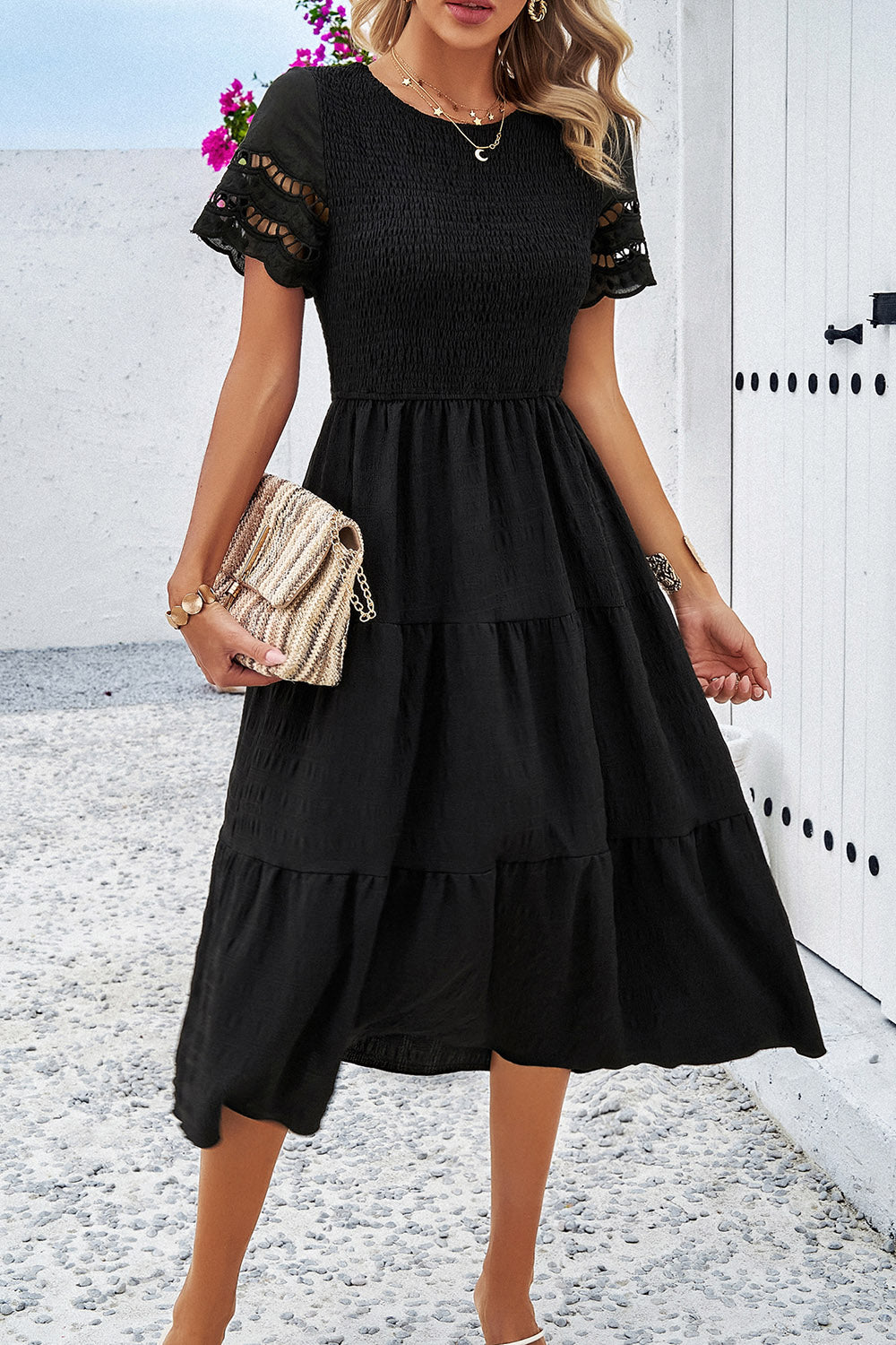 Smocked Round Neck Short Sleeve Midi Dress-Angel Casuals