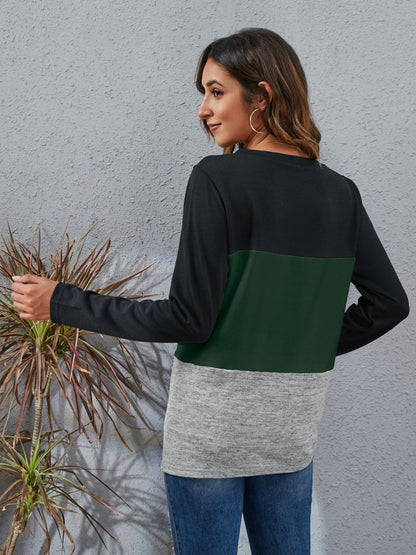 Color Block Round Neck Long Sleeve T-Shirt-Angel Casuals
