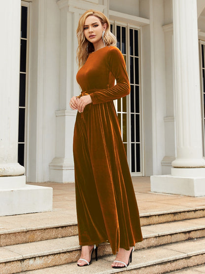 Tie Front Round Neck Long Sleeve Maxi Dress-Angel Casuals