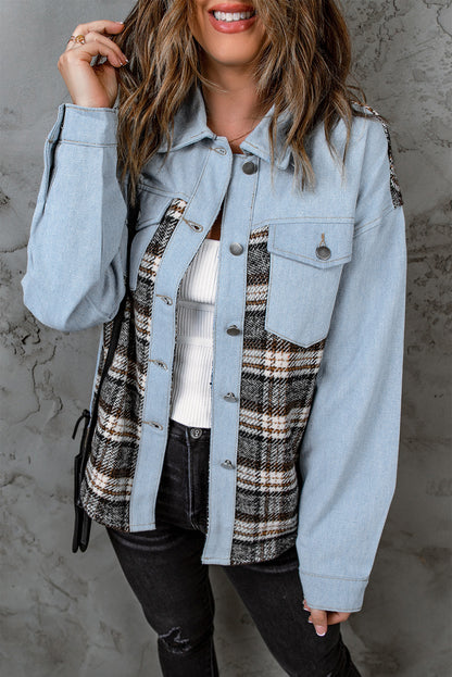 Plaid Pocketed Button Up Denim Jacket-Angel Casuals