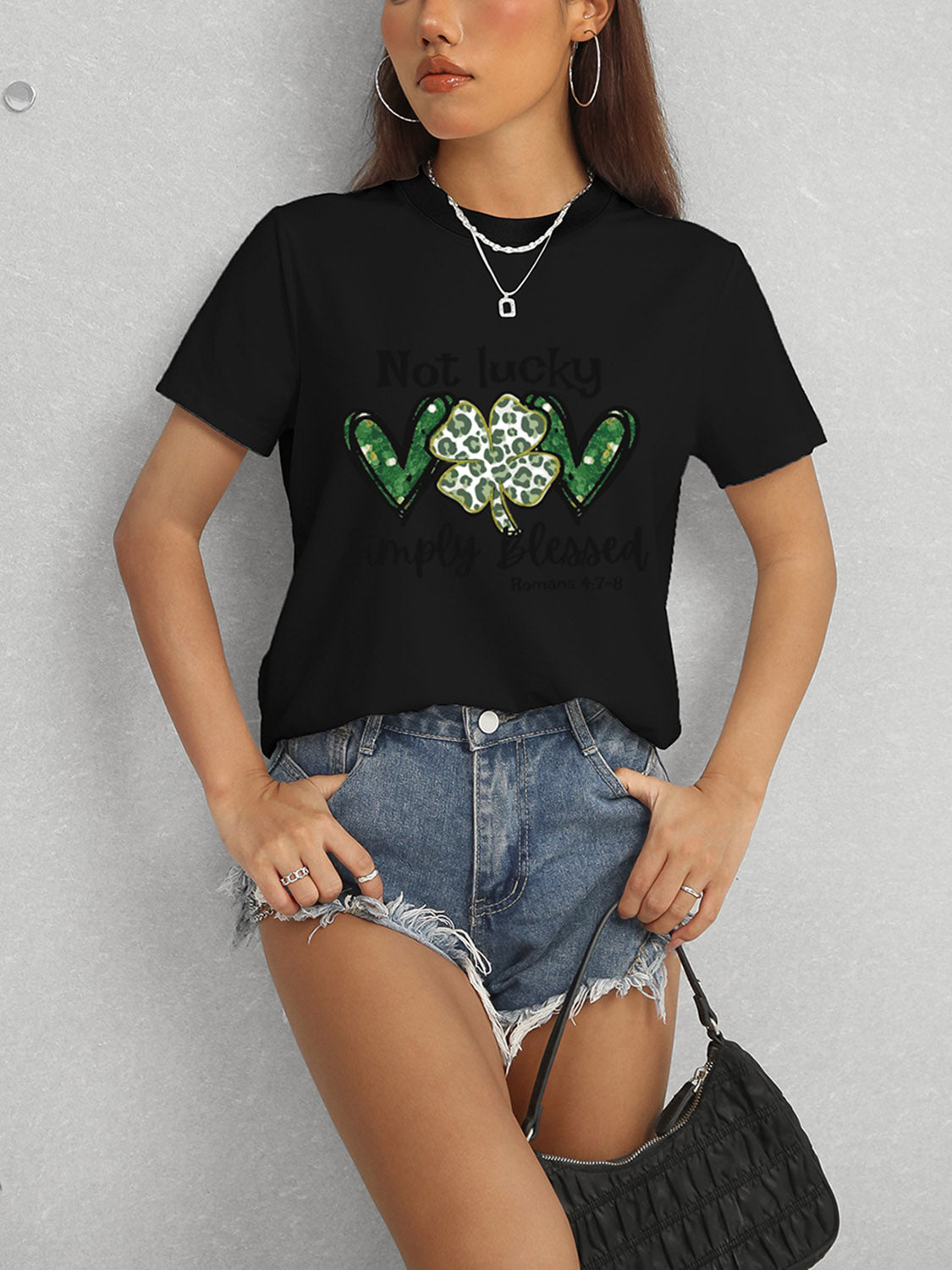 Lucky Clover Round Neck Short Sleeve T-Shirt-Angel Casuals