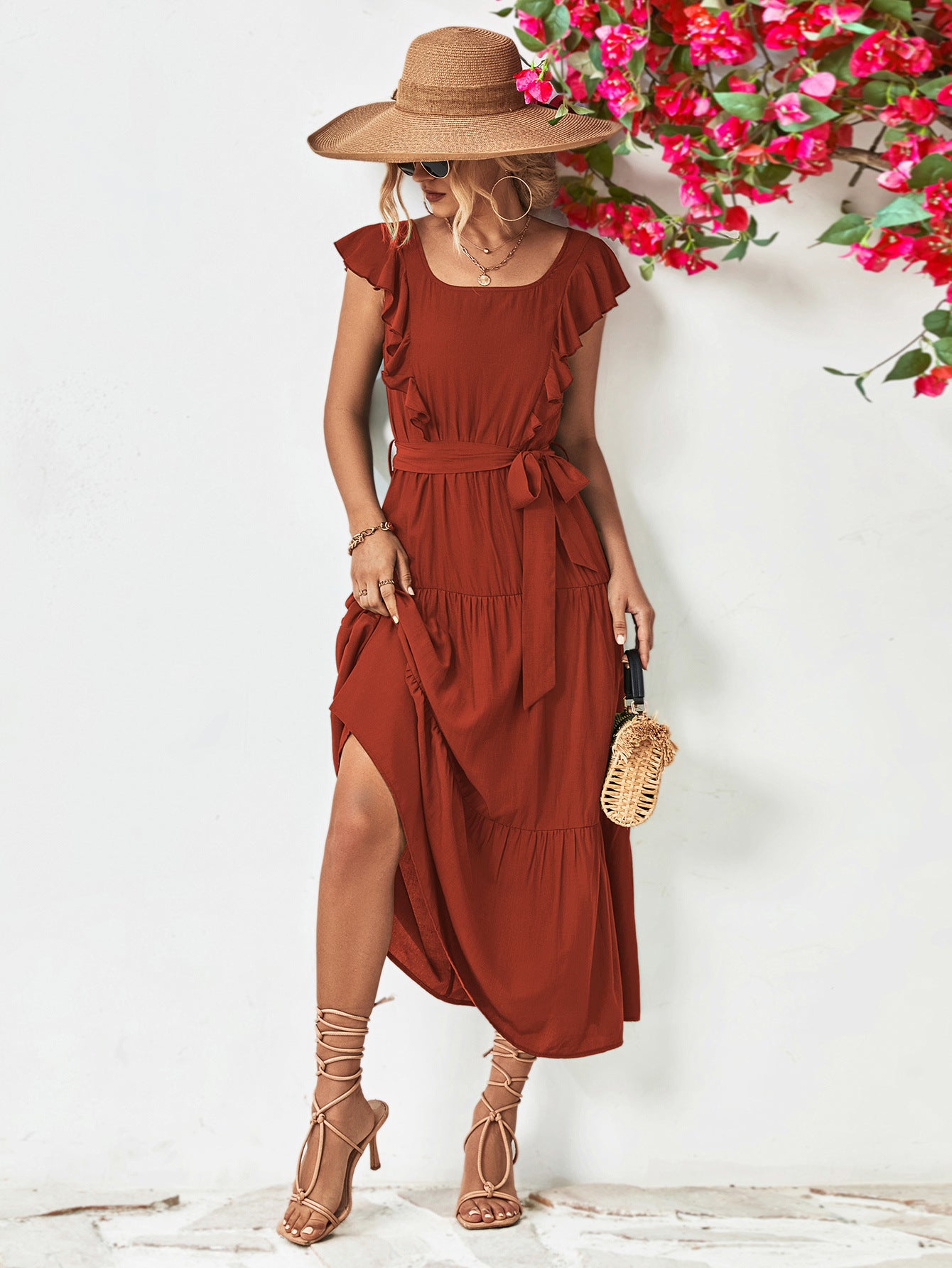 Tie Belt Ruffled Tiered Dress-Angel Casuals