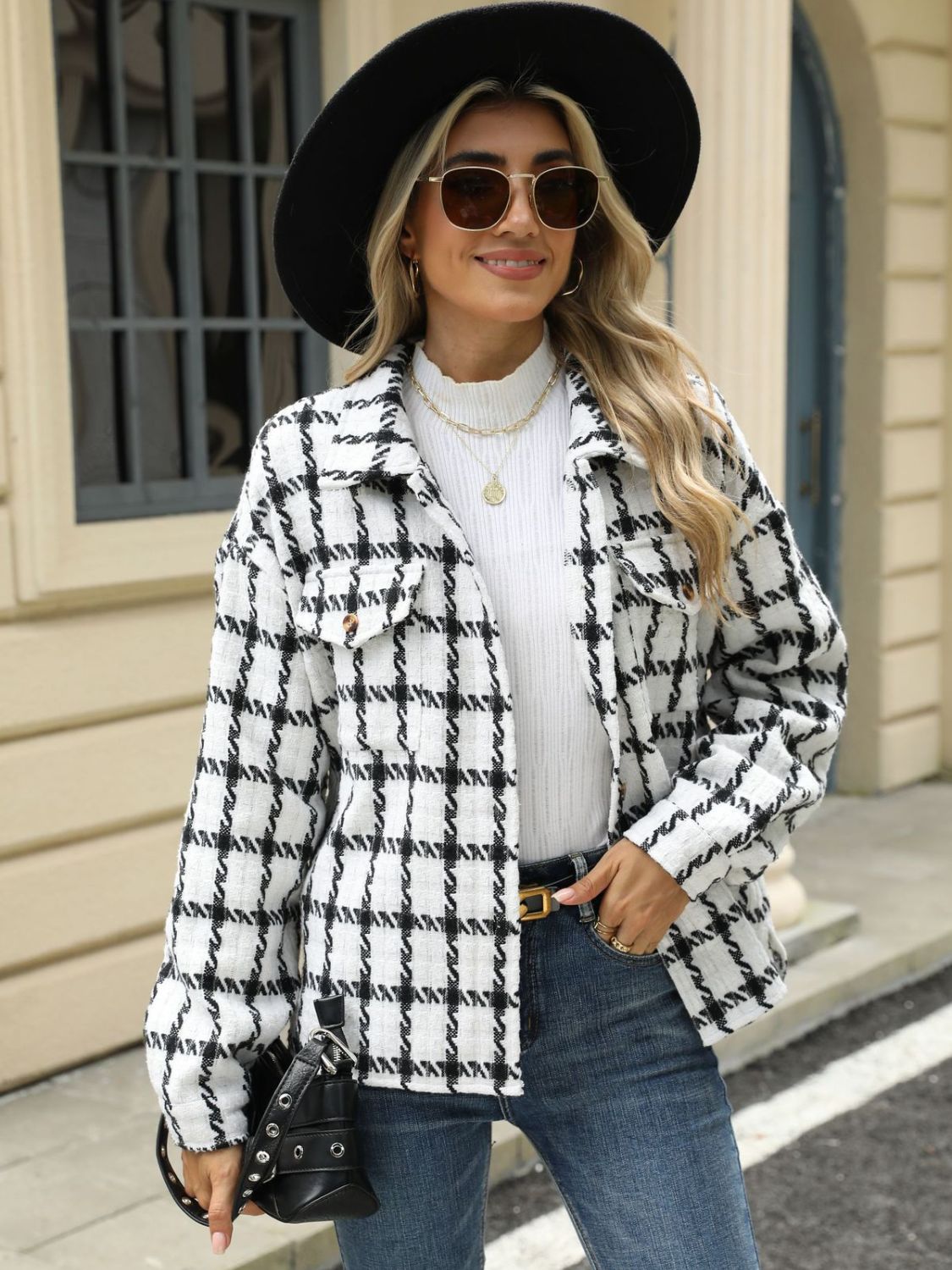 Plaid Collared Neck Long Sleeve Jacket-Angel Casuals