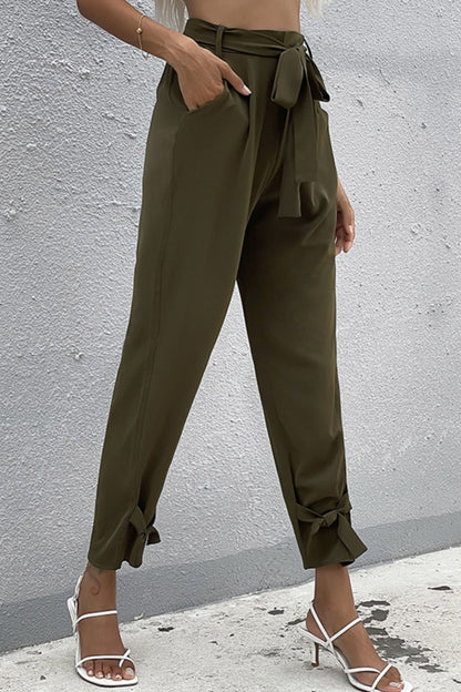 Tie Detail Belted Pants with Pockets-Angel Casuals