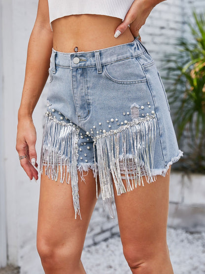 Distressed Pearl Trim Denim Shorts with Pockets-Angel Casuals