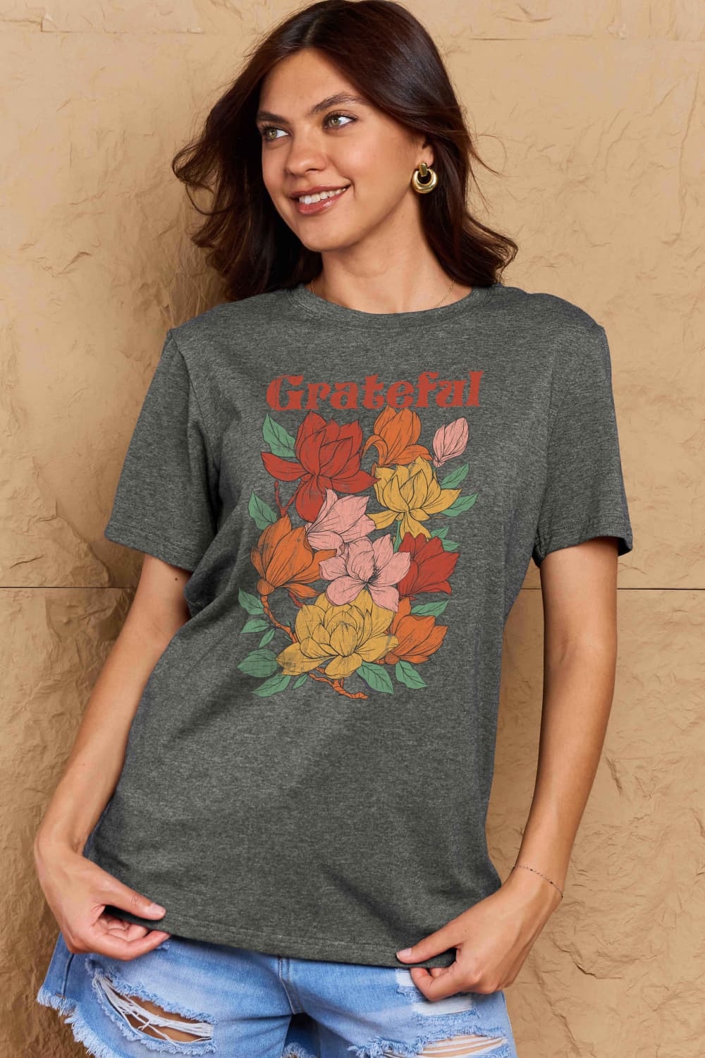 Simply Love Full Size GRATEFUL Flower Graphic Cotton T-Shirt-Angel Casuals