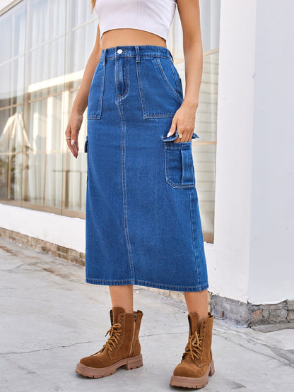 Slit Midi Denim Skirt with Pockets-Angel Casuals