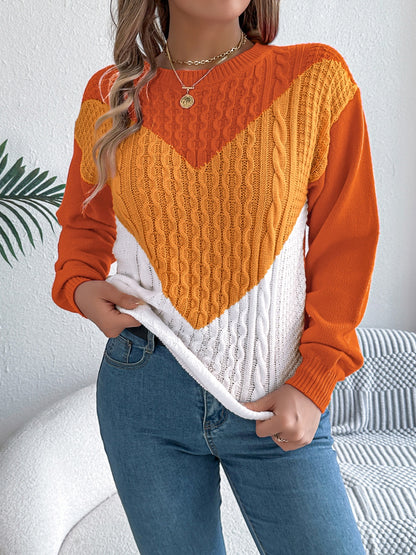 Contrast Round Neck Long Sleeve Sweater-Angel Casuals