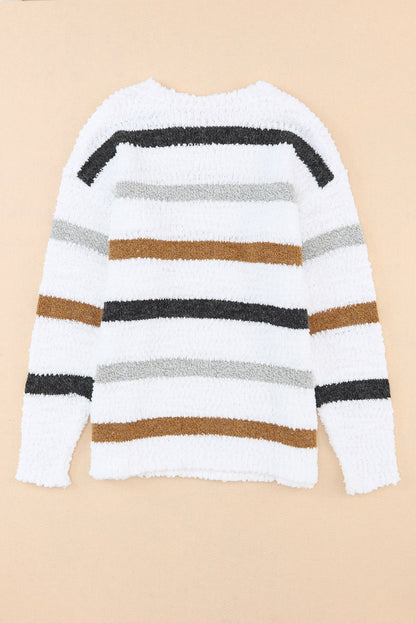 Striped Round Neck Dropped Shoulder Sweater-Angel Casuals