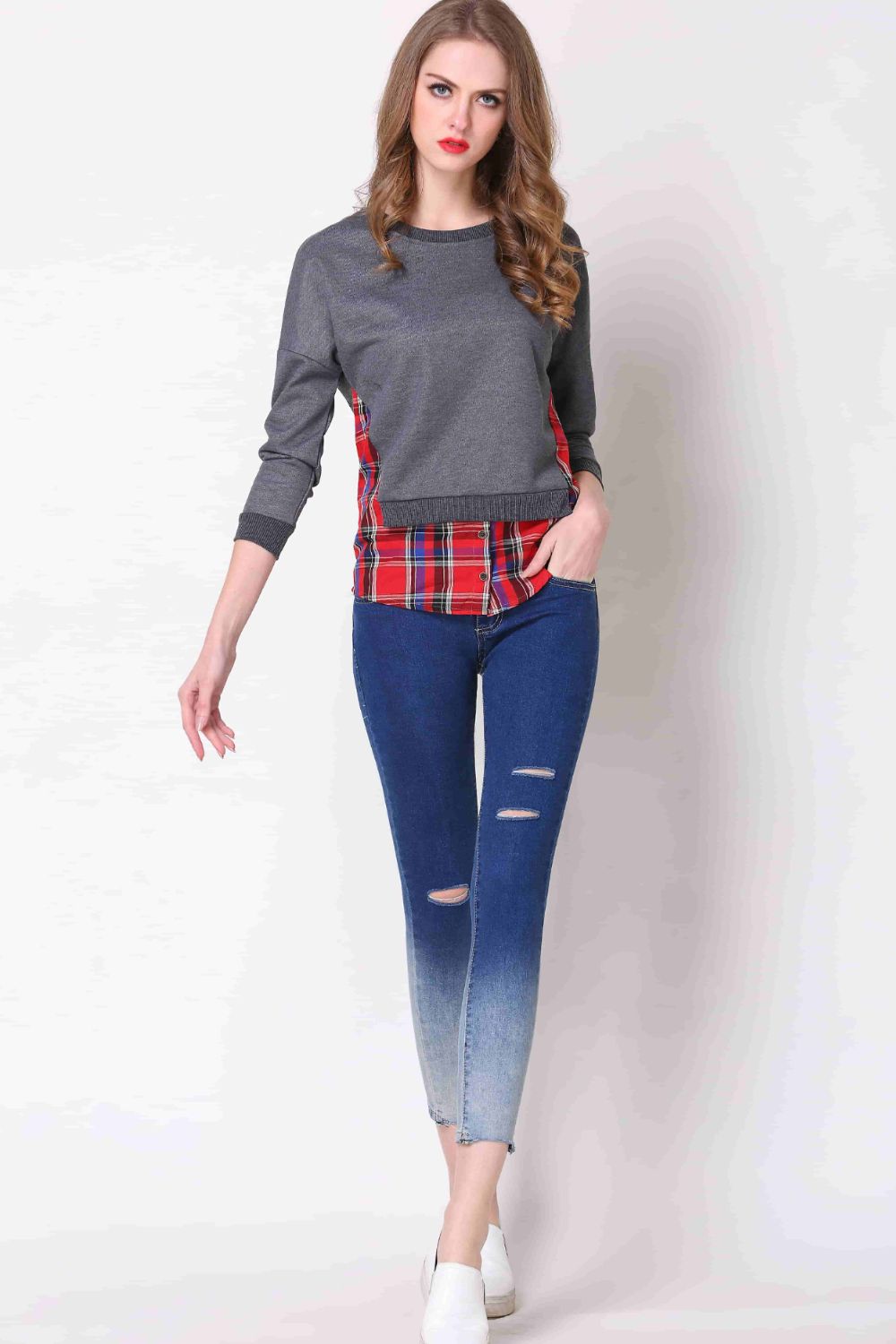 Full Size Plaid Patch Drop Shoulder Round Neck Top-Angel Casuals