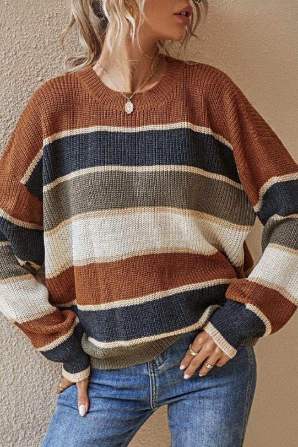 Contrast Striped Round Neck Long Sleeve Sweater-Angel Casuals