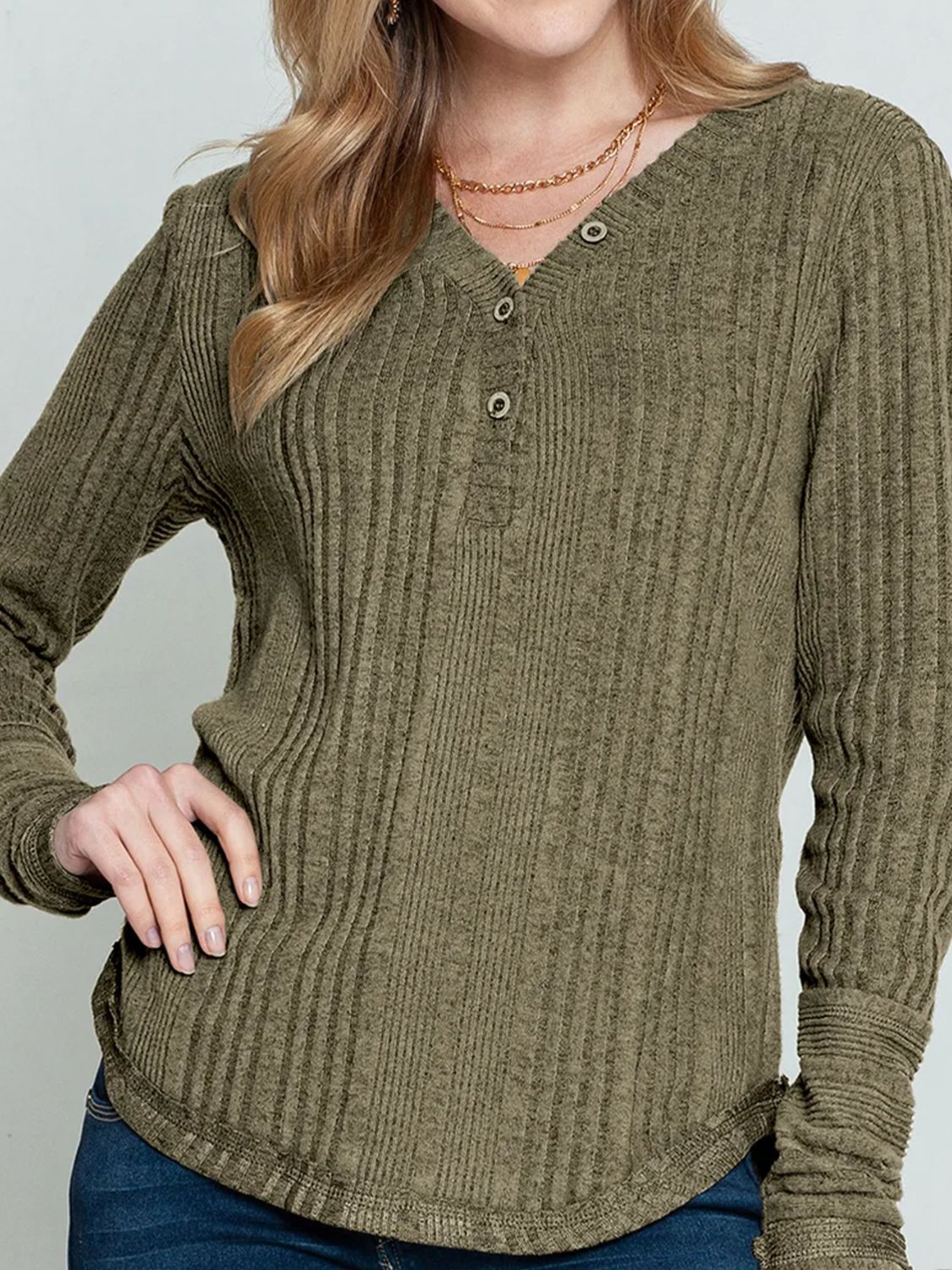 Textured V-Neck Long Sleeve T-Shirt-Angel Casuals