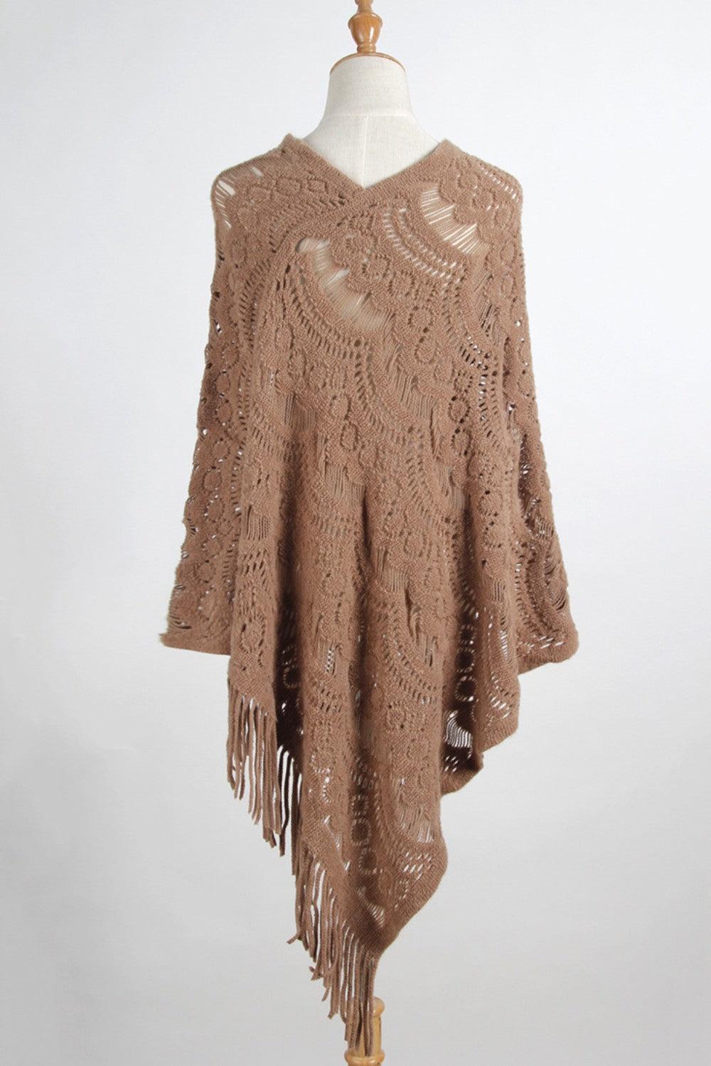 Fringe Openwork Surplice Cape Sleeve Poncho-Angel Casuals