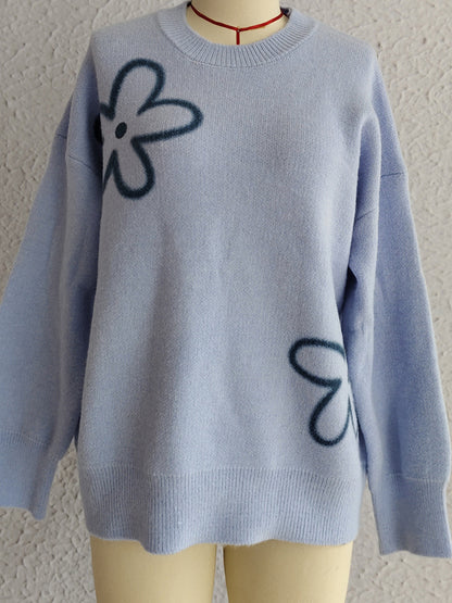 Flower Round Neck Long Sleeve Sweater-Angel Casuals