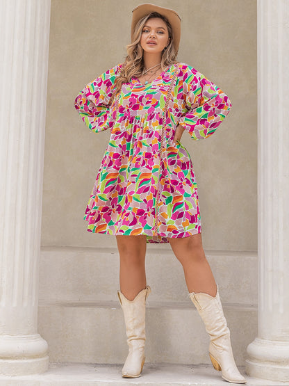 Plus Size Printed V-Neck Balloon Sleeve Mini Dress-Angel Casuals