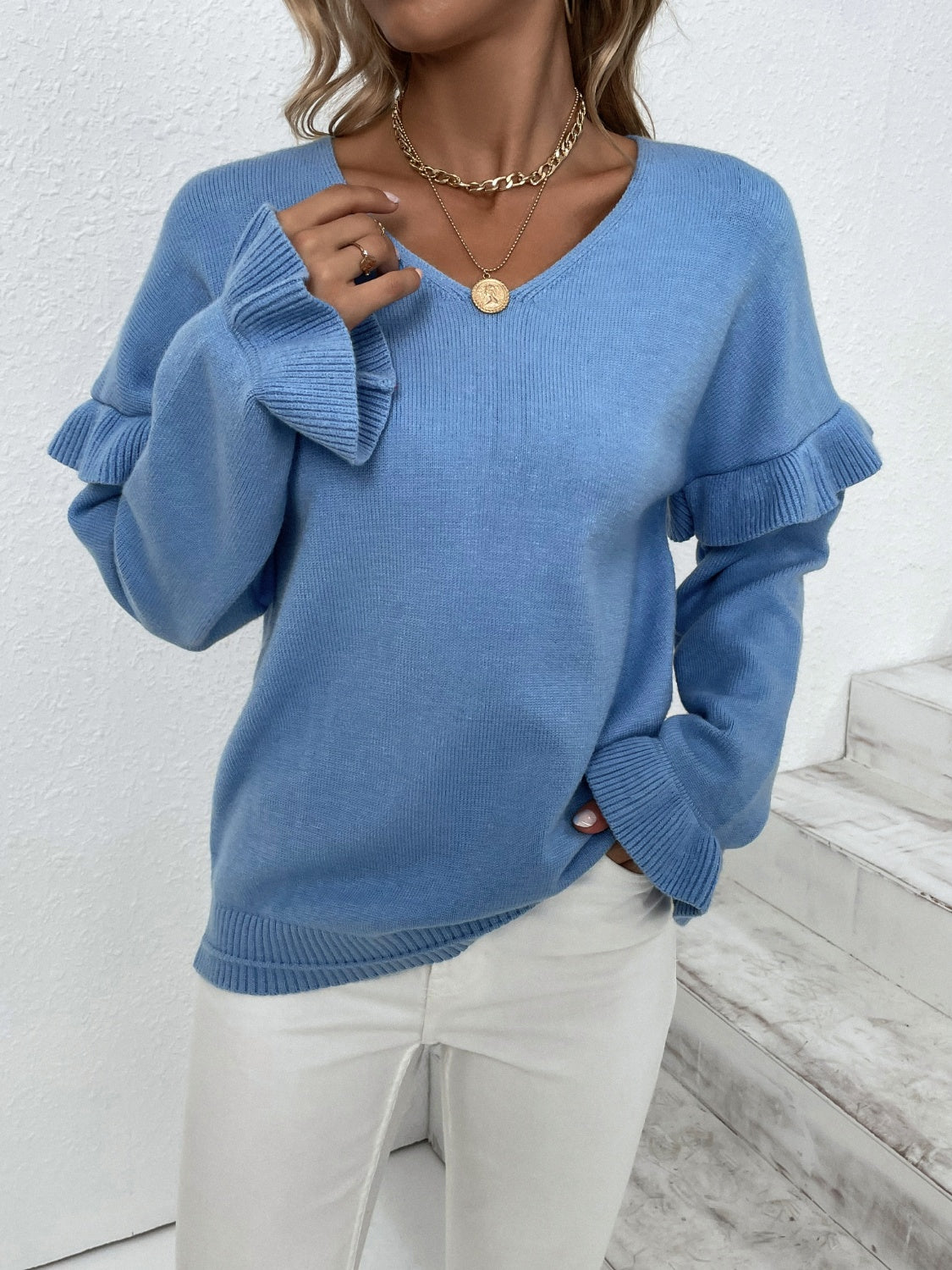 Ruffled V-Neck Dropped Shoulder Sweater-Angel Casuals