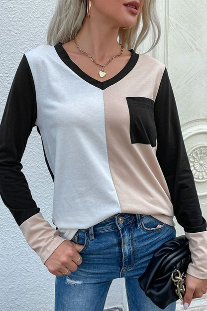 Spliced Long Sleeve Tee with Pocket-Angel Casuals