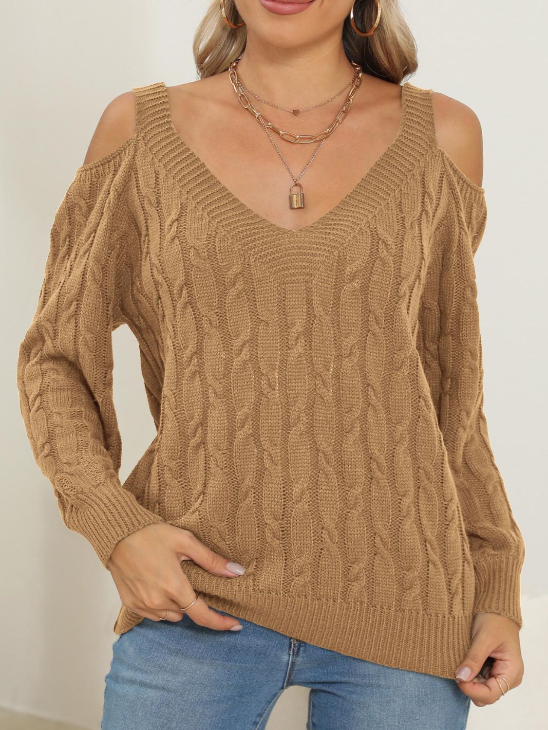 Cable-Knit V-Neck Long Sleeve Sweater-Angel Casuals