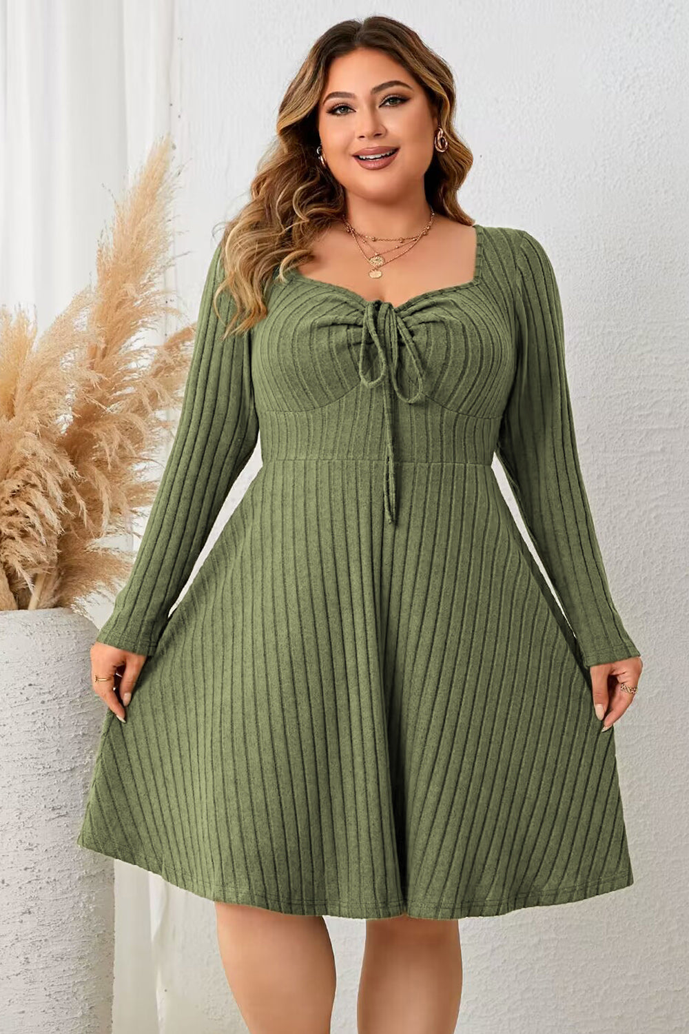 Plus Size Sweetheart Neck Long Sleeve Ribbed Dress-Angel Casuals