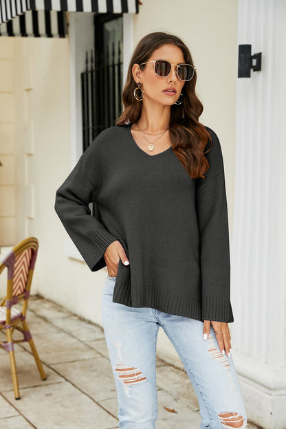 Drop Shoulder V-Neck Knit Pullover-Angel Casuals