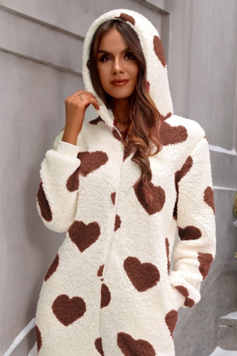 Fuzzy Heart Zip Up Hooded Lounge Jumpsuit-Angel Casuals