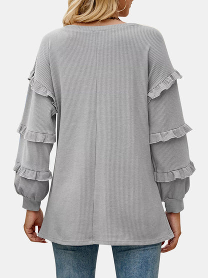 Ruffled V-Neck Long Sleeve T-Shirt-Angel Casuals