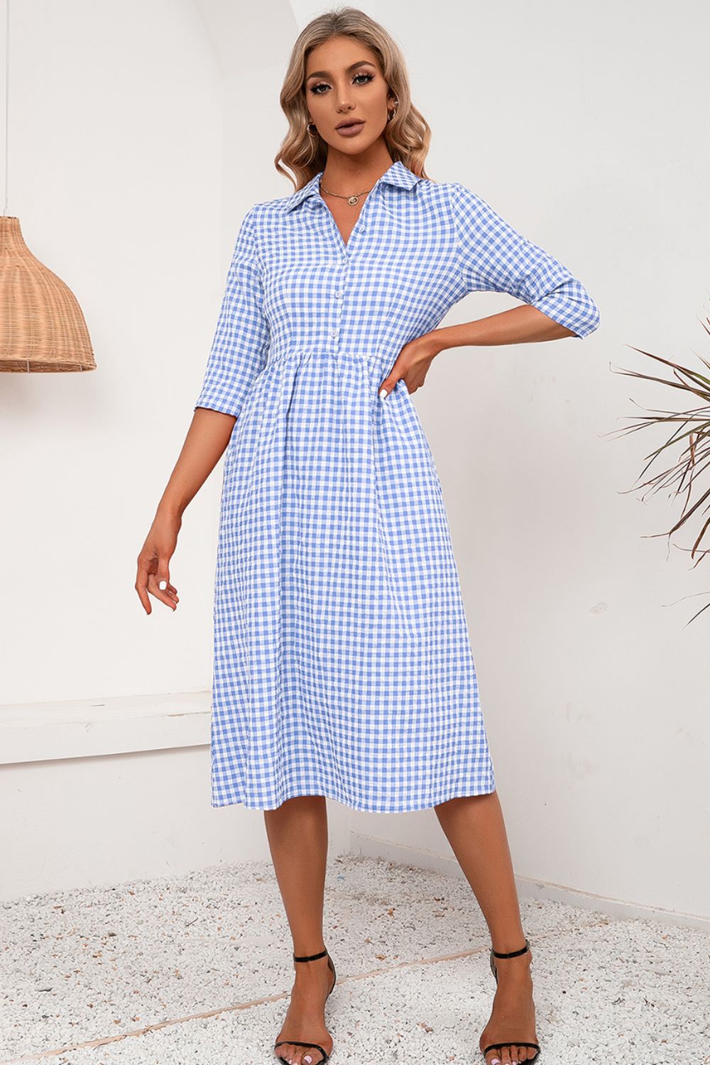 Plaid Collared Neck Midi Dress-Angel Casuals