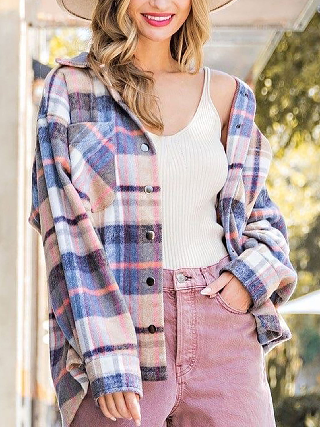 Snap Up Plaid Collared Neck Jacket with Pocket-Angel Casuals