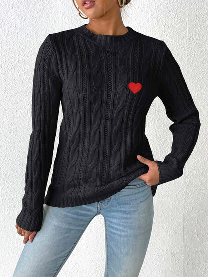 Cable-Knit Heart Round Neck Long Sleeve Sweater-Angel Casuals