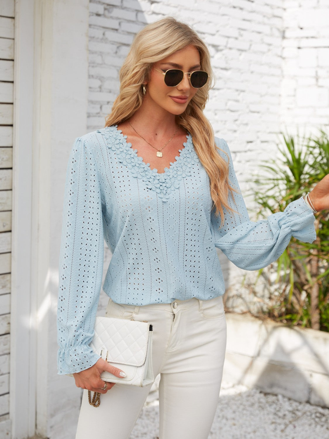 Applique V-Neck Flounce Sleeve T-Shirt-Angel Casuals