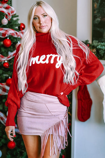 Double Take Full Size Merry Christmas Turtleneck Long Sleeve Sweater-Angel Casuals