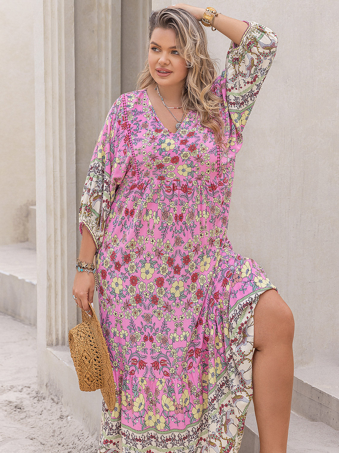 Plus Size Floral V-Neck Balloon Sleeve Midi Dress-Angel Casuals