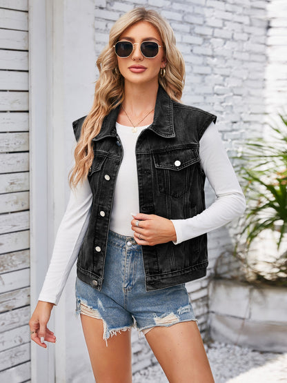 Button Up Cap Sleeve Denim Jacket-Angel Casuals
