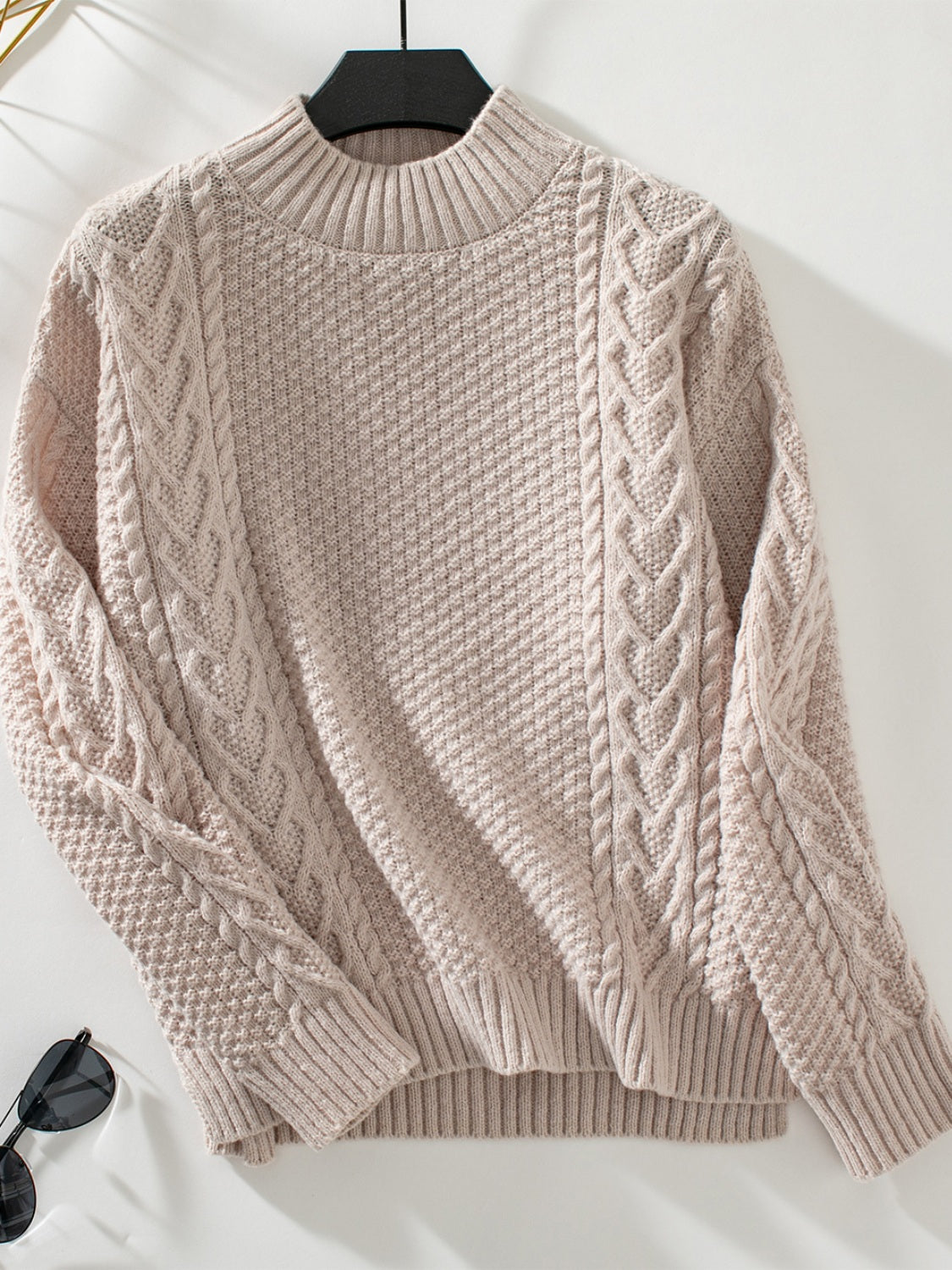 Cable-Knit Mock Neck Long Sleeve Sweater-Angel Casuals