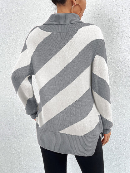 Striped Turtleneck Dropped Shoulder Sweater-Angel Casuals