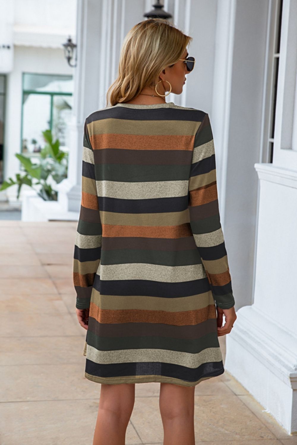 Striped Round Neck Long Sleeve Dress-Angel Casuals