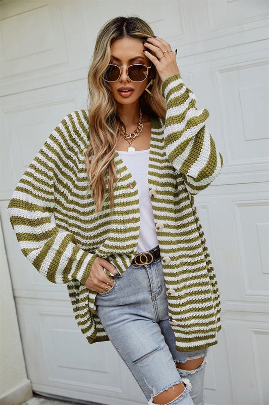 Angel Wings Striped Button Up Long Sleeve Cardigan-Angel Casuals
