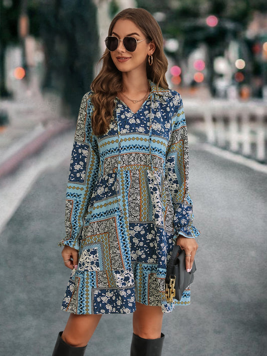 Printed Tie Front Flounce Sleeve Dress-Angel Casuals