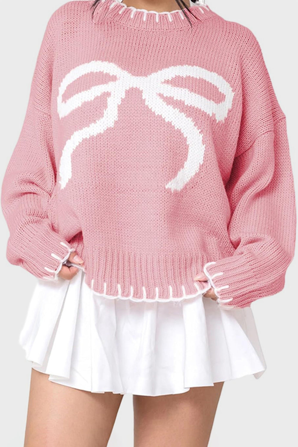 Bow Graphic Round Neck Long Sleeve Sweater-Angel Casuals