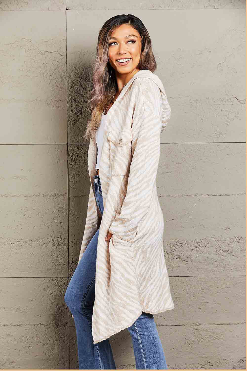 Printed Open Front Hooded Longline Cardigan-Angel Casuals