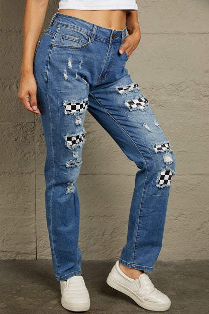 Baeful Checkered Patchwork Mid Waist Distressed Jeans-Angel Casuals