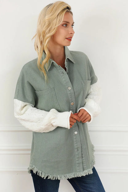 Raw Hem Collared Neck Button Up Long Sleeve Jacket-Angel Casuals
