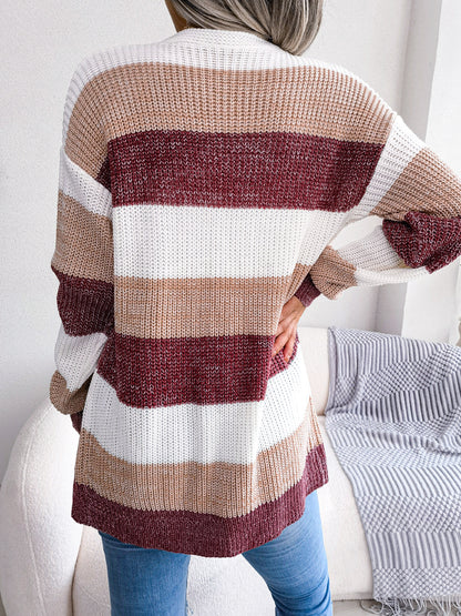 Striped Rib-Knit Open Front Longline Cardigan-Angel Casuals