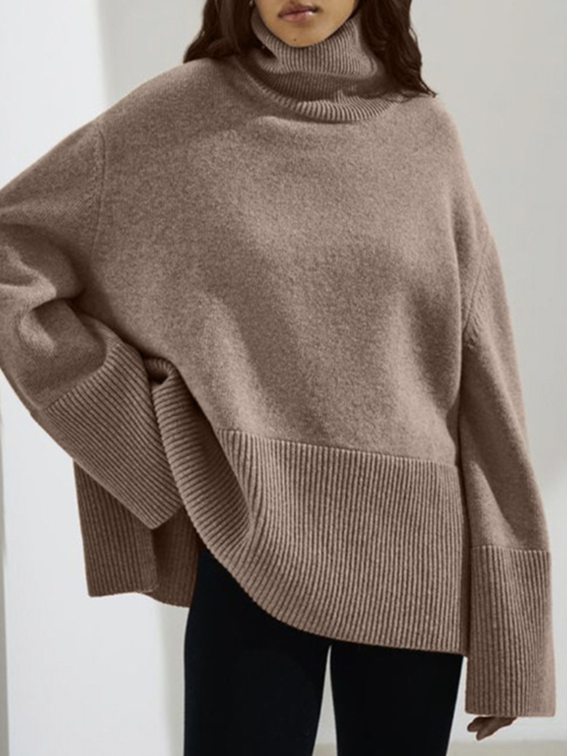 Side Slit Turtleneck Drop Shoulder Sweater-Angel Casuals