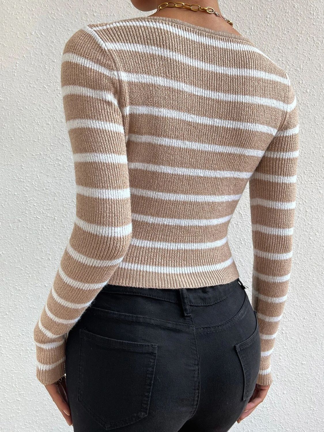 Striped Notched Long Sleeve Sweater-Angel Casuals