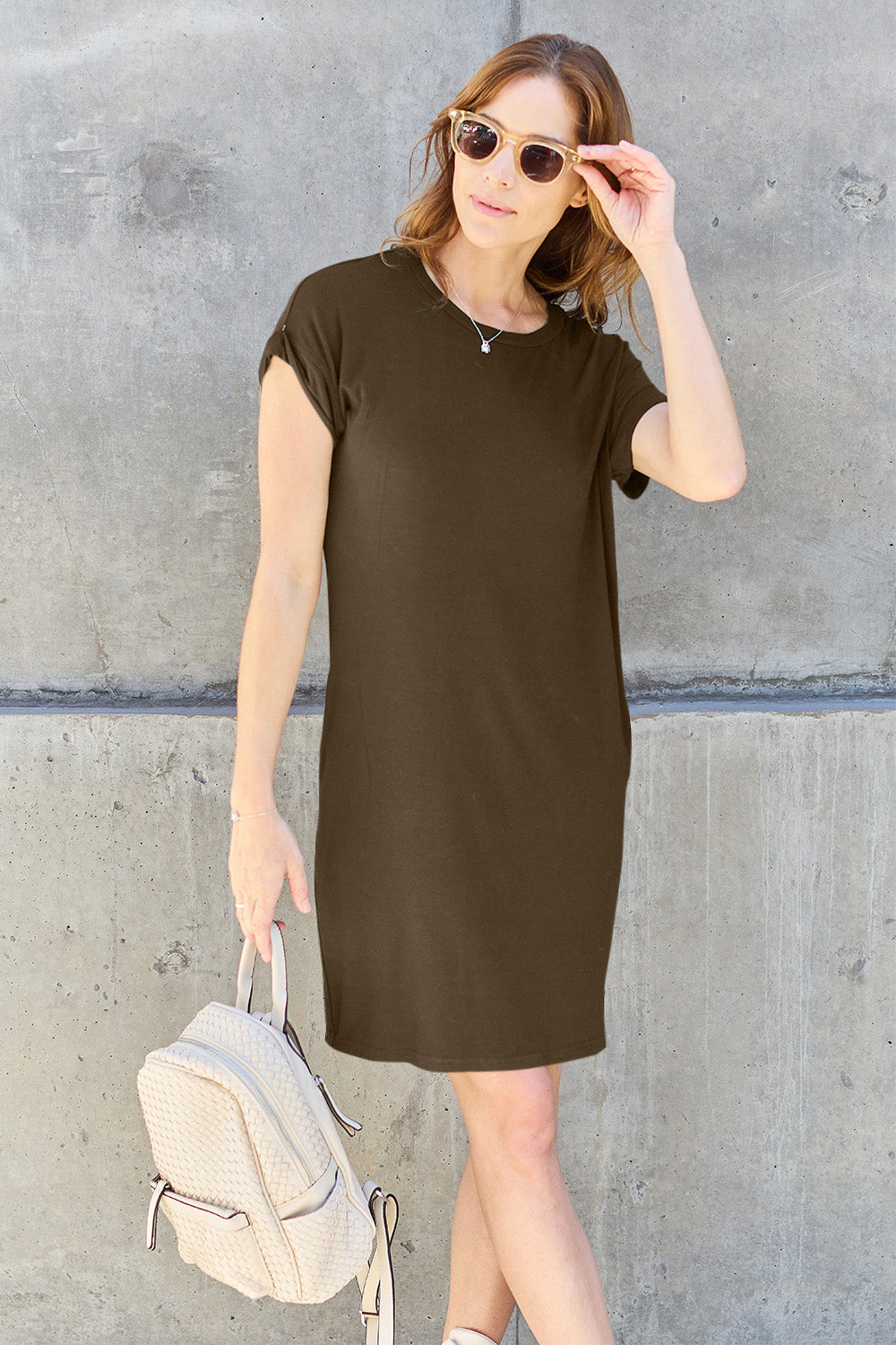 Basic Bae Full Size Round Neck Short Sleeve Dress with Pockets-Angel Casuals