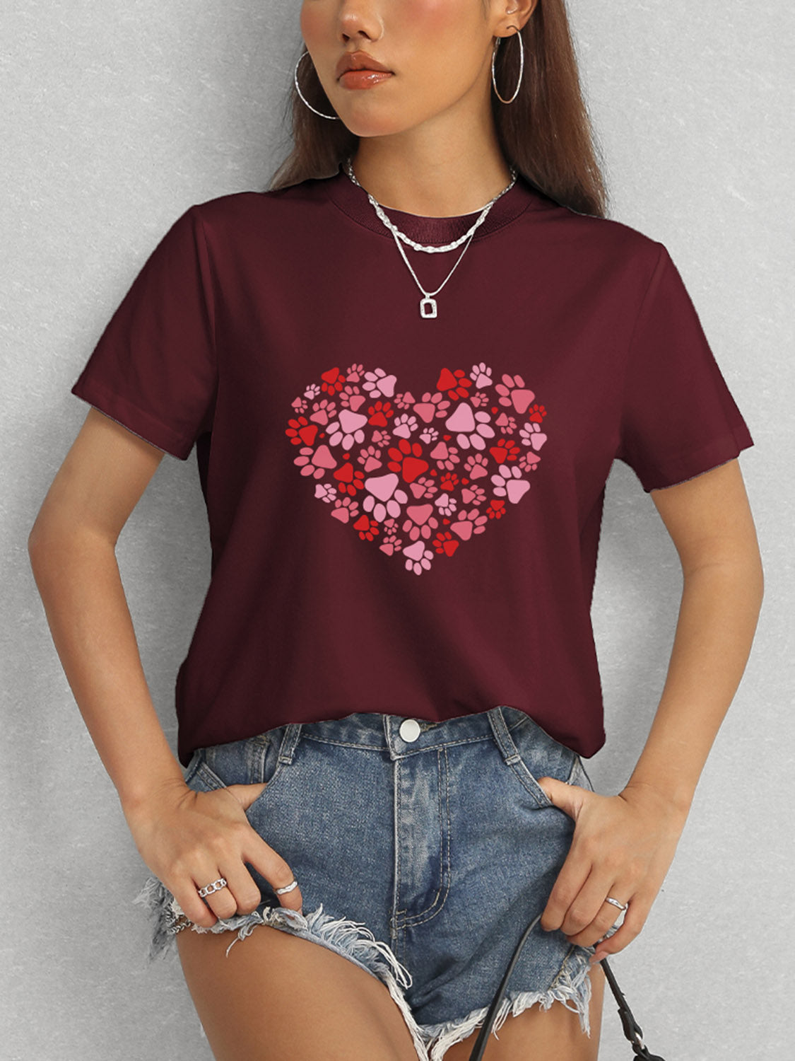 Heart Round Neck Short Sleeve T-Shirt-Angel Casuals